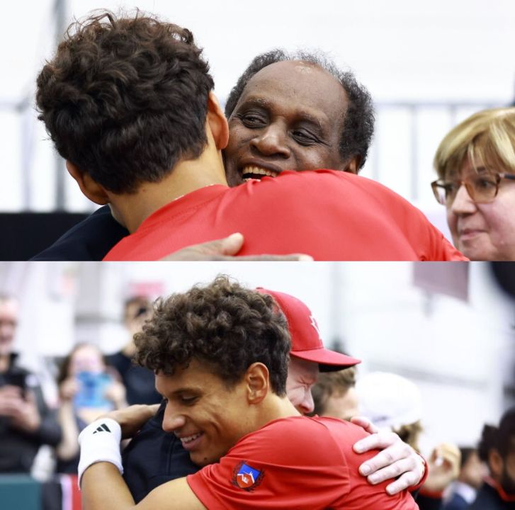 Gabriel Diallo celebrates his 2024 Davis Cup Qualifiers victory with his parents and team.