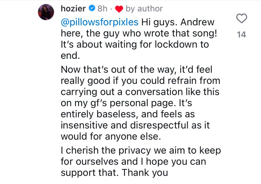 Hozier confirms Hana Mayeda is his girlfriend, replying to a comment on her post on Instagram.