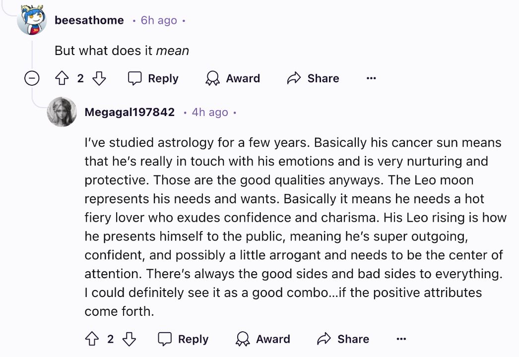 A user explains “Cancer/Leo/Leo” on the ‘Love Is Blind’ subreddit.