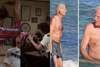 Ted Danson shows his hairpiece in Cheers and his bald patch in the water off-screen.