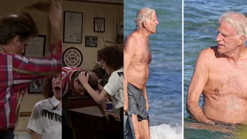 Ted Danson shows his hairpiece in Cheers and his bald patch in the water off-screen.