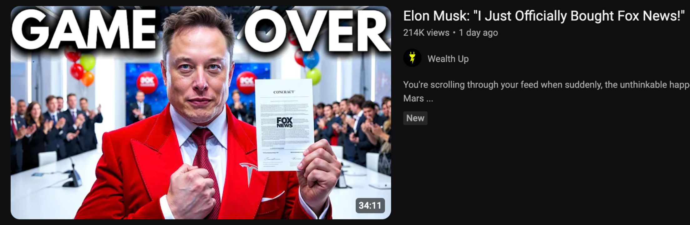 A viral YouTube video speculates on Elon Musk buying Fox News, sparking widespread curiosity.