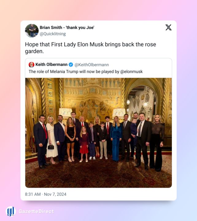 Elon Musk has been the subject of jokes as the "First Lady" ever since Melania was noticeably absent from Donald Trump's family photo released after his election victory.