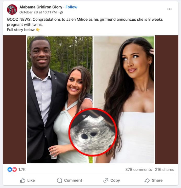 A fake Facebook post claimed Jalen Milroe's girlfriend Hannah Rimkus is 8 weeks pregnant with twins.