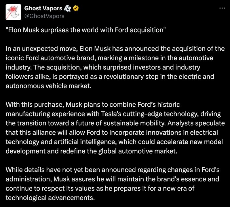 The full story of Elon Musk's supposed acquisition of Ford Motor Company.