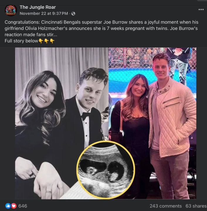 A Facebook post shows an ultrasound picture and claims Joe Burrow and Olivia Holzmacher are expecting twins.