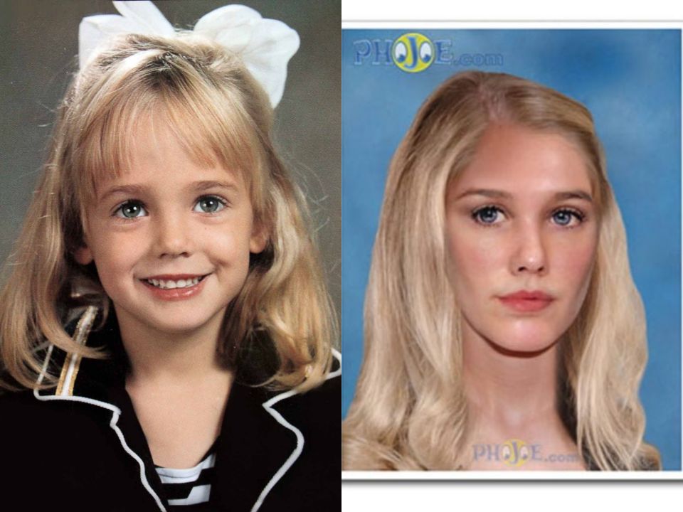 JonBenét Ramsey's 16-year-old age progression image contrasted with her real childhood picture.