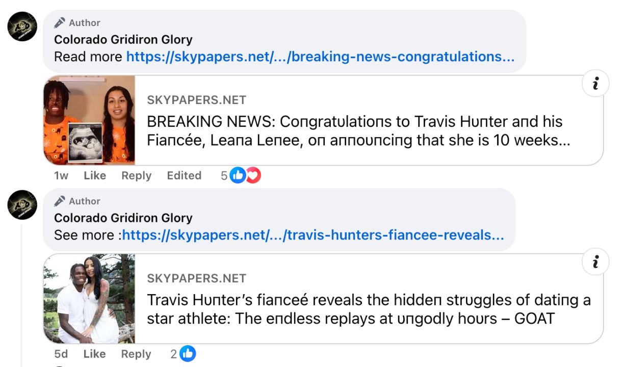 The only report on the internet that claims Travis Hunter's fiancée is pregnant comes from a dodgy site.