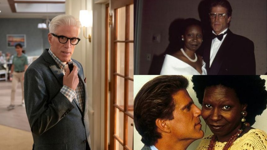 A collage of Ted Danson's still from A Man on the Inside and a couple of pictures with Whoopi Goldberg.