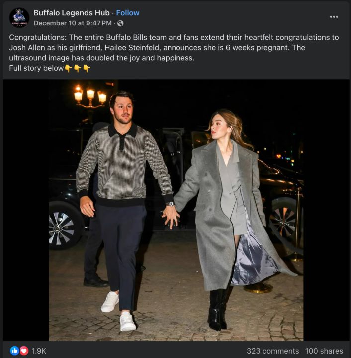 A fake Facebook post claiming Josh Allen's girlfriend is pregnant.