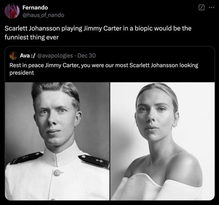 The banter quickly headed to fan-casting Scarlett Johansson in the Jimmy Carter biopic.