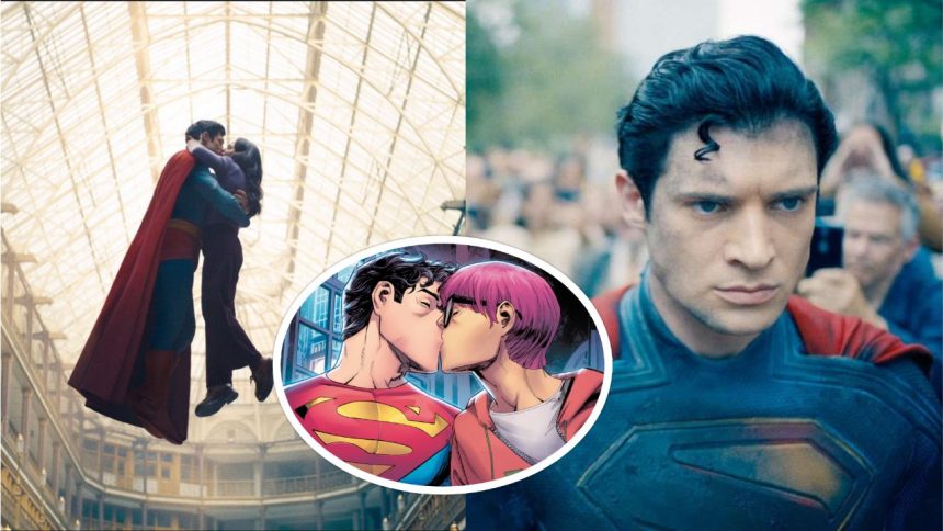 Superman kisses Lois Lane in the new movie while his bisexual son kisses his partner in the comics.