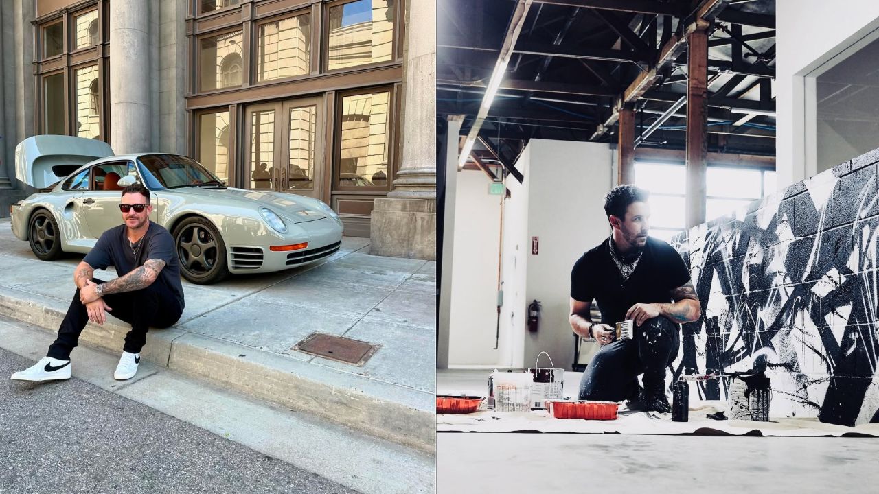 Nick Tramontin with a Porsche (left) and creating abstract graffiti (right).