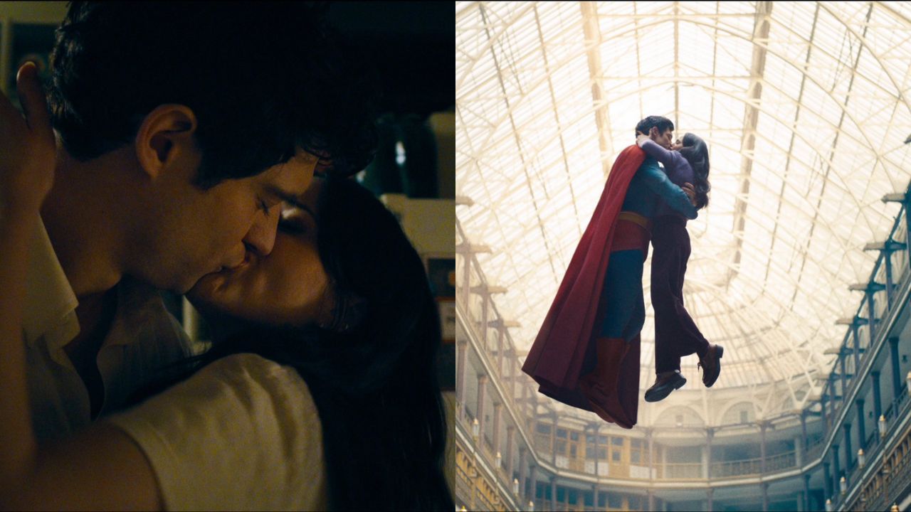 Clark Kent and Superman share a kiss with Lois Lane.