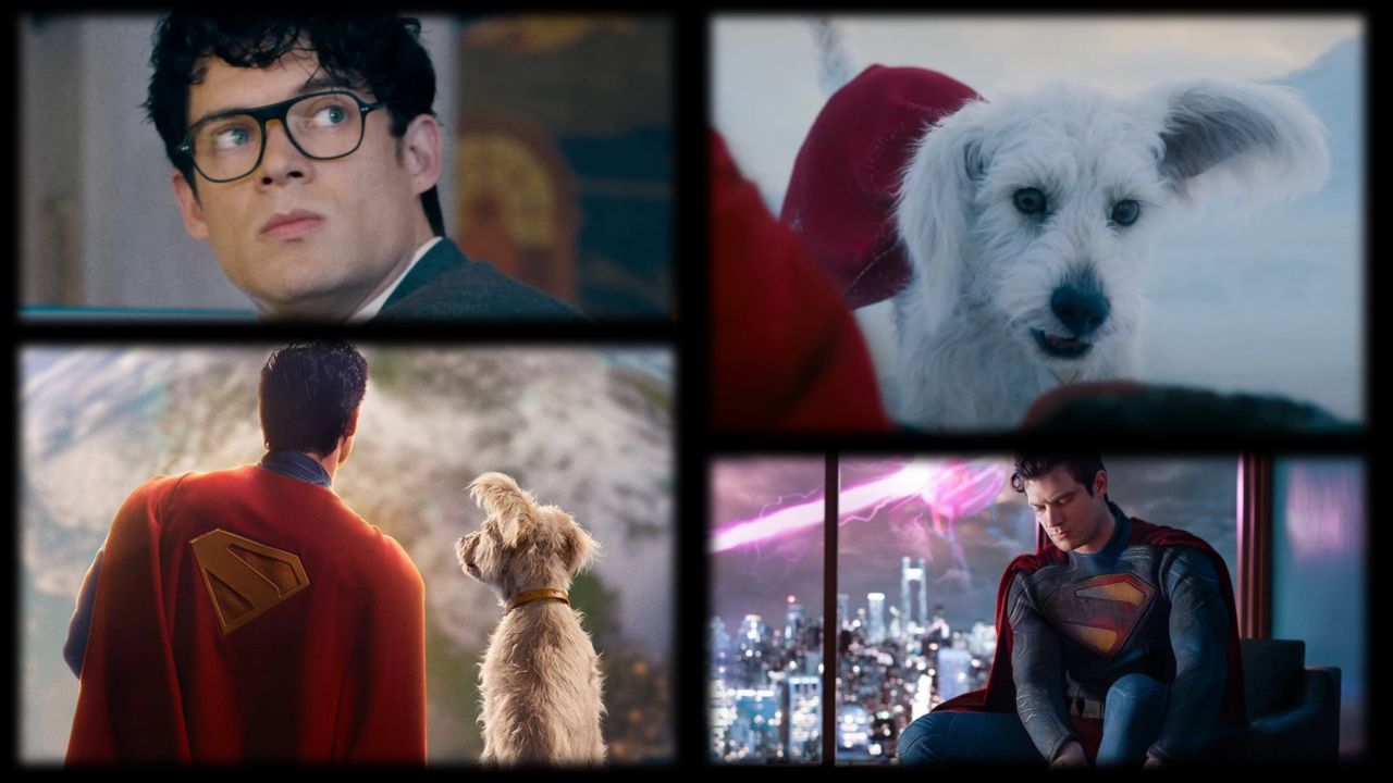 Superman, Clark Kent, and Krypto.