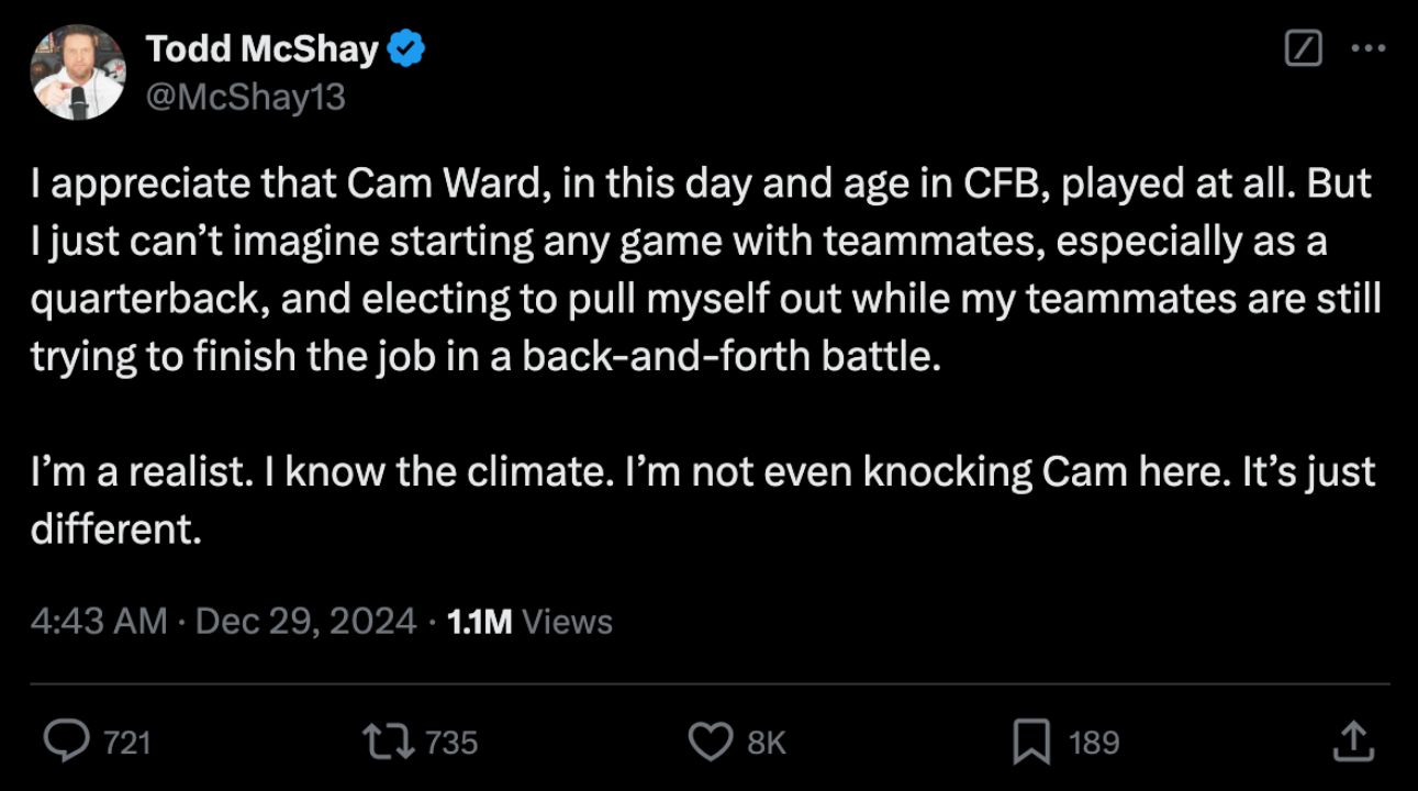 American football analyst Todd McShay on Cam Ward taking himself out at half-time.