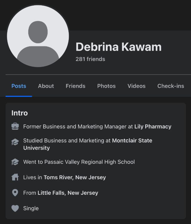 Debrina Kawam's Facebook profile.