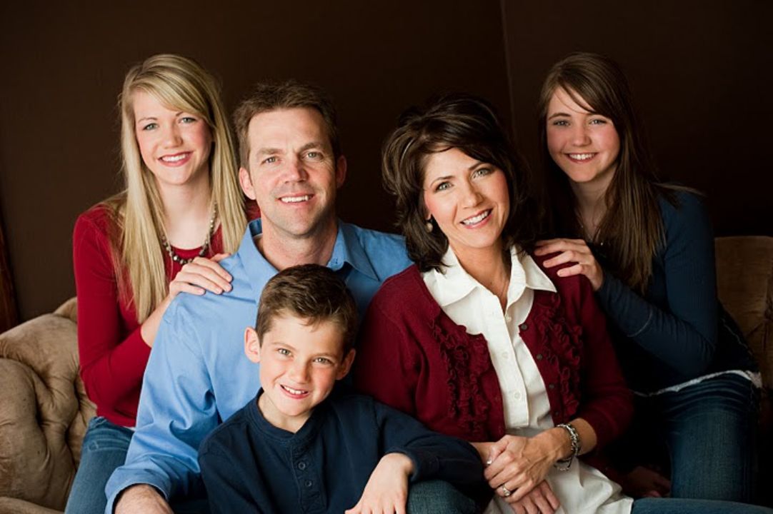 Kristi Noem with her husband, Bryon Noem, and their two kids: daughters, Kassidy and Kennedy, and son Booker.