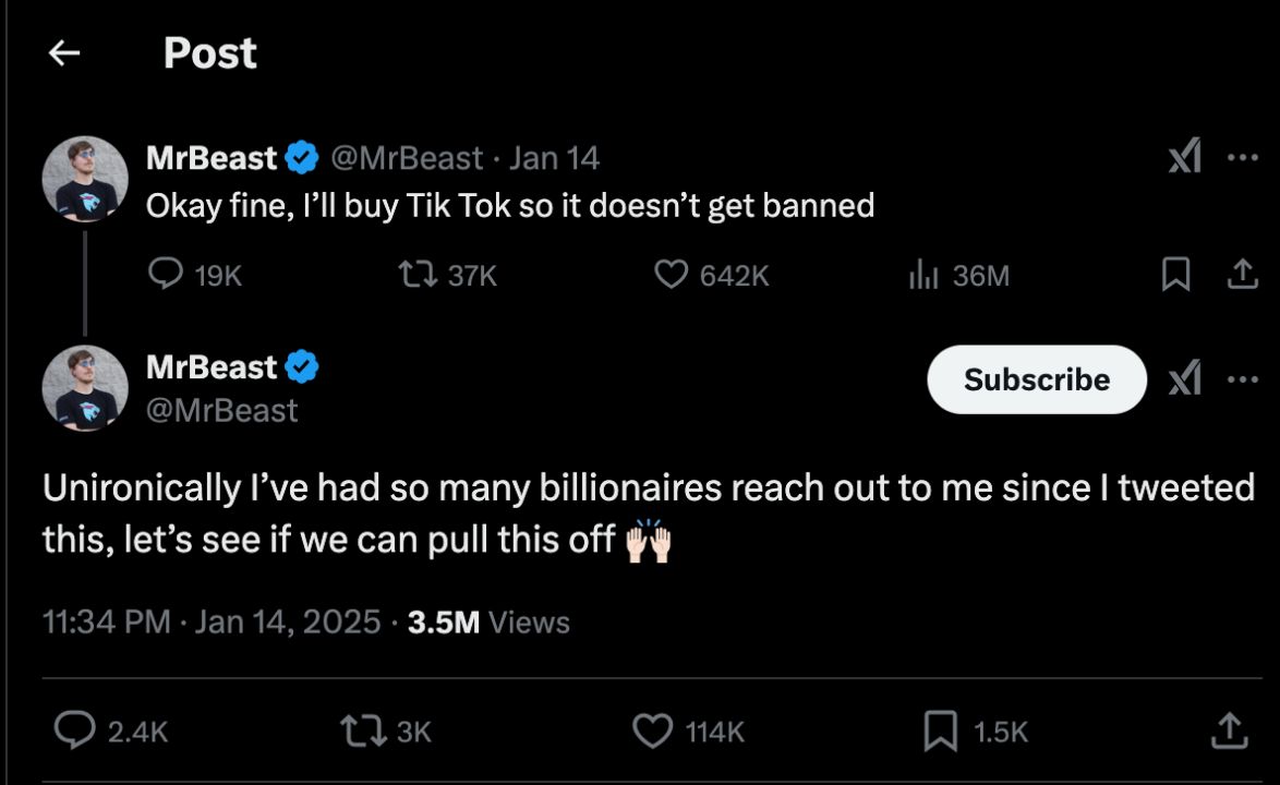 MrBeast tweeted about buying TikTok, claiming billionaire backers could help save it from the U.S. ban.