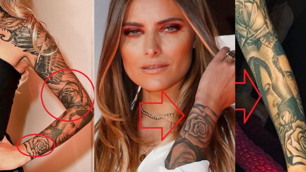 Sophia Thomalla's tattoos on her left arm include a pair of roses and her mother's portrait.