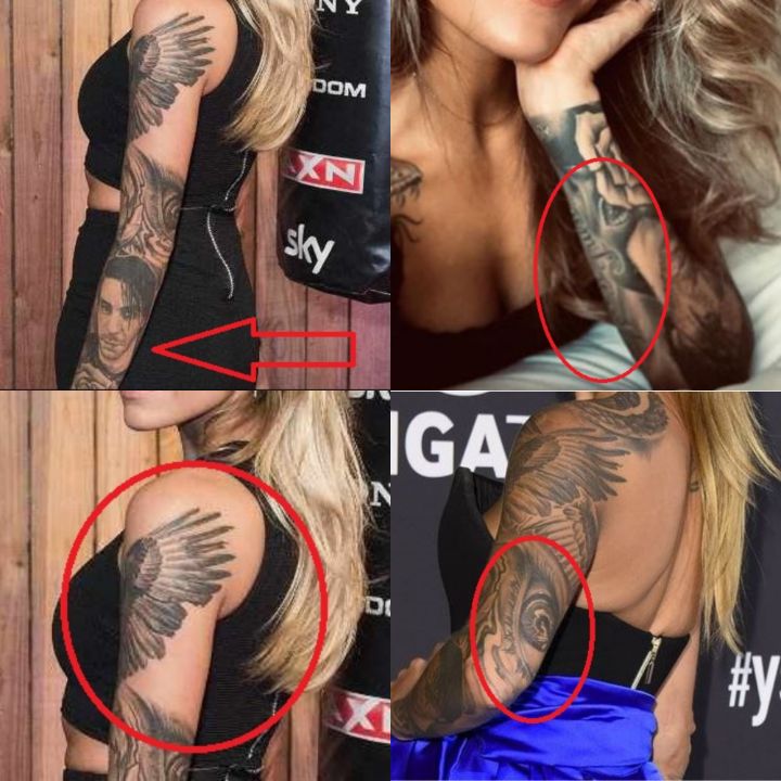 Sophia Thomalla's left arm tattoos of her ex-boyfriend (top left), her mother's signature (top right), an eagle (bottom left), and an eye (bottom right).