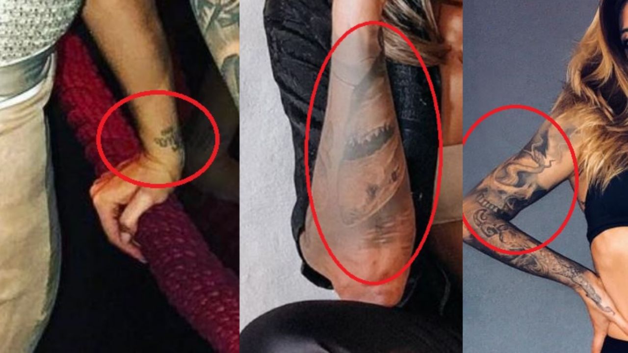 Sophia Thomalla's right arm tattoos: her own signature (left), shark (center), and skull (right).