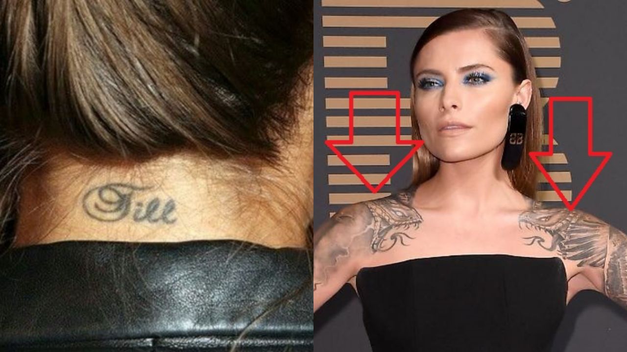 Sophia Thomalla's ‘Till’ tattoo on her neck and a pair of snakes on her shoulders.