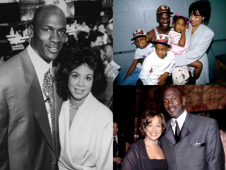 Michael Jordan with his first wife, Juanita Vanoy, and their three kids, Jeffrey, Marcus, and Jasmine.