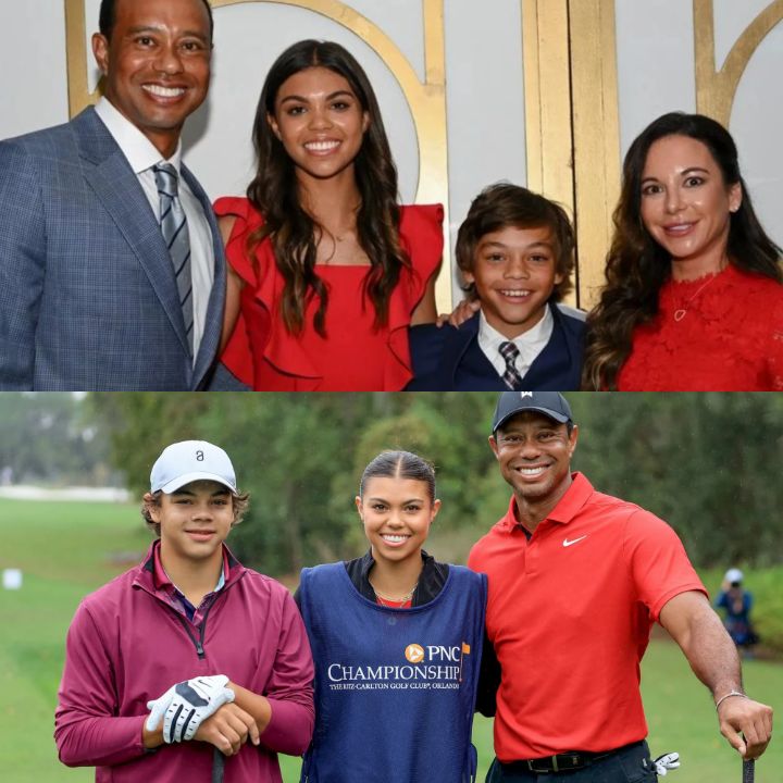 Tiger Woods with his kids, Sam Alexis (daughter) and Charlie Axel (son).